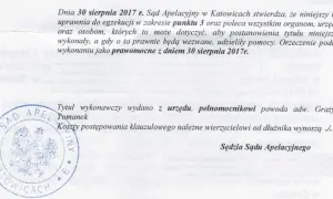 Postanowienie sądu z 30.08.2017 r. nadaje uprawnienia do egzekucji. Tytuł wykonawczy wydano z urzędu.