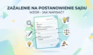 Ilustracja przedstawia wzór zażalenia na postanowienie sądu, wyjaśniając co oznacza postanowienie sądu i jak je zaskarżyć.