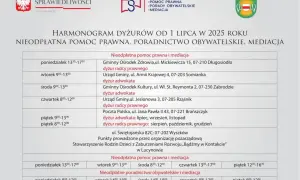 Harmonogram dyżurów od 1 lipca 2025 r. w Wyszkowie. Dowiedz się, jak wziąć adwokata z urzędu, gdzie uzyskać bezpłatną pomoc prawną i mediacje.