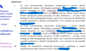 Wygrane alimenty w trybie zabezpieczenia na 2 dzieci, 14 tys. zł miesięcznie. Sprawa o alimenty kosztuje 7.000 zł.
