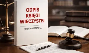 Odpis pisma z księgi wieczystej, waga sprawiedliwości, młotek sędziowski i dokumenty na biurku.