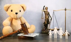 Pluszowy miś, młotek sędziowski i pieniądze symbolizują sprawę o alimenty. Wzór pozwu może być potrzebny, by zapewnić dziecku godne życie.