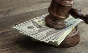Młotek sędziowski na stosie banknotów dolarowych. Pytanie: ile procent bierze adwokat od odszkodowania?