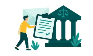 Mężczyzna z dokumentem przy sądzie pracy. Ilustracja pokazuje, jak zgłosić sprawę do sądu pracy, z kopertą i dokumentem z zaznaczonym polem.