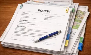Stos dokumentów z nagłówkiem "POZEW" i niebieskim długopisem. Dowiedz się, jak napisać pozew do sądu, analizując te materiały.