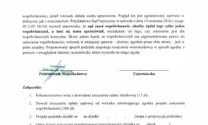 Dokument prawny dotyczący sądowego zniesienia współwłasności. Wniosek złożony zgodnie przez strony, z uwzględnieniem interesów uczestniczki.