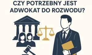 Ilustracja przedstawia sylwetkę prawnika z teczką, symbol sprawiedliwości i budynek sądu. Czy potrzebny jest darmowy adwokat do rozwodu?