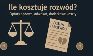 Ile kosztuje adwokat w sprawie rozwodowej? Grafika przedstawia wagę sprawiedliwości, pozew o rozwód z pękniętym sercem i monety zł.