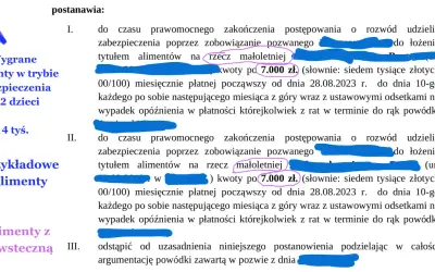 Wygrane alimenty w trybie zabezpieczenia na 2 dzieci, 14 tys. zł miesięcznie. Sprawa o alimenty kosztuje 7.000 zł.