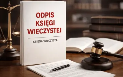 Odpis pisma z księgi wieczystej, waga sprawiedliwości, młotek sędziowski i dokumenty na biurku.