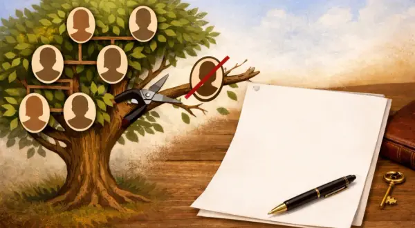 Drzewo genealogiczne z nożycami i pustym papierem symbolizuje dziedziczenie mieszkania po rodzicach i formalności z tym związane.