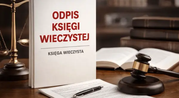 Odpis księgi wieczystej na biurku prawnika, obok wagi sprawiedliwości i młotka sędziowskiego.