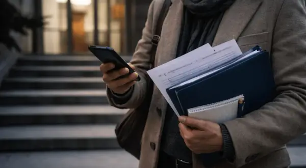 Mężczyzna sprawdza na telefonie, ile czasu na apelację od wyroku. Trzyma dokumenty i notatnik.