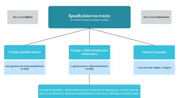 Schemat przedstawia opcje dziedziczenia spadku po ojcu: przyjęcie wprost, z dobrodziejstwem inwentarza lub odrzucenie.