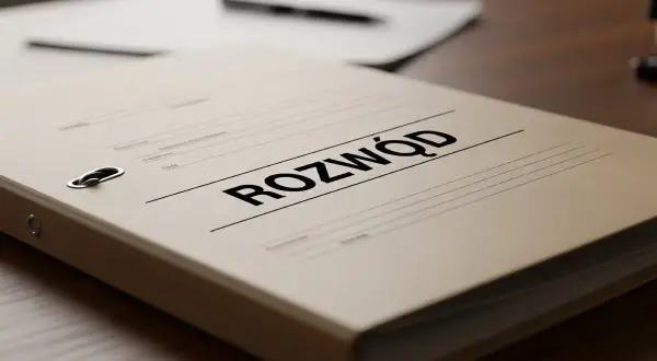 Segregator z napisem "ROZWÓD" na biurku, sugerujący przygotowanie pozwu rozwodowego online.