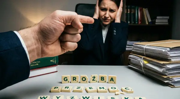 Zrozumienie, co grozi za groźby karalne, jest kluczowe. Kobieta w biurze zakrywa uszy, gdy ręka wskazuje palcem.