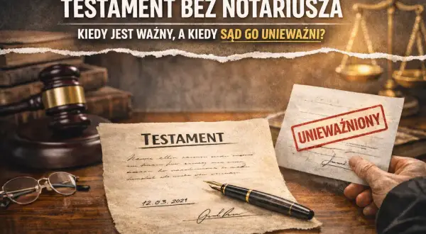 Jak się pisze testament, by był ważny? Na stole leży dokument z napisem "TESTAMENT", obok pióro, okulary i młotek sędziowski.