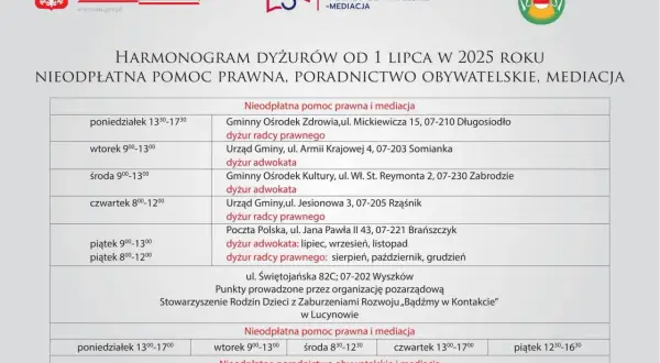 Harmonogram dyżurów od 1 lipca 2025 r. w Wyszkowie. Dowiedz się, jak wziąć adwokata z urzędu, gdzie uzyskać bezpłatną pomoc prawną i mediacje.