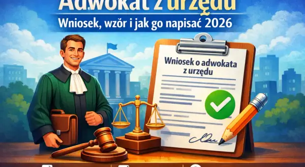 Uśmiechnięty prawnik w todze obok dokumentu "Wniosek o adwokata z urzędu". Dowiedz się, kiedy złożyć wniosek o adwokata z urzędu.