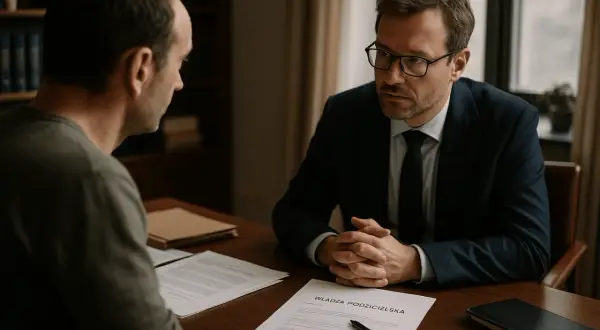 Mężczyzna w garniturze rozmawia z innym mężczyzną o zawieszeniu praw rodzicielskich. Na stole dokument z napisem "WŁADZA RODZICIELSKA".