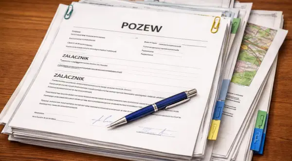 Stos dokumentów z nagłówkiem "POZEW", niebieski długopis i żółty spinacz. Widać fragment mapy.