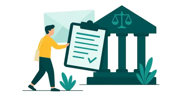 Mężczyzna z dokumentem przy sądzie pracy. Ilustracja pokazuje, jak zgłosić sprawę do sądu pracy, z kopertą i dokumentem z zaznaczonym polem.