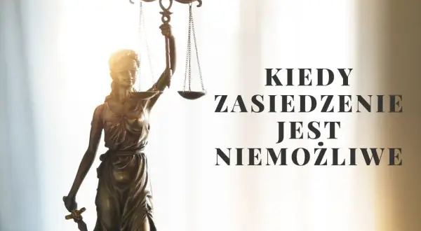 Figurka Temidy z wagą i mieczem, symbol sprawiedliwości. Tekst: Kiedy zasiedzenie jest niemożliwe.