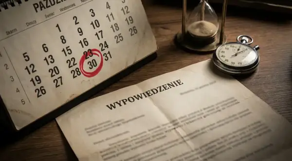 Kalendarz z zaznaczonym 30 października, klepsydra i stoper sugerują, ile czasu ma sąd na odpowiedź na wniosek.