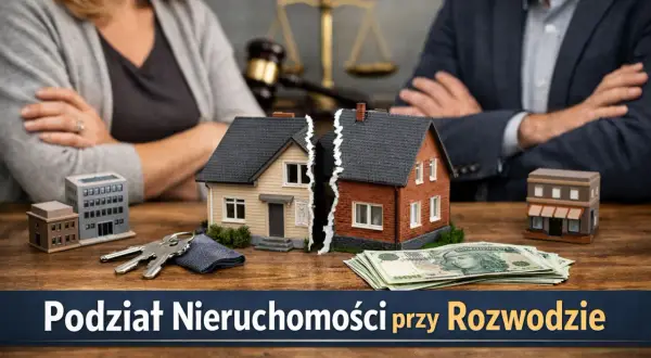 Symboliczny podział mieszkania po rozwodzie: rozdzielony dom, klucze, pieniądze i waga sprawiedliwości.