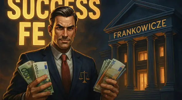 Prawnik z pieniędzmi w ręku, budynek "FRANKOWICZE" i napis "SUCCESS". Ile procent bierze prawnik od wygranej sprawy?