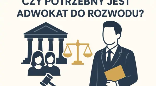 Ilustracja przedstawia sylwetkę prawnika z teczką, symbol sprawiedliwości i budynek sądu. Czy potrzebny jest darmowy adwokat do rozwodu?