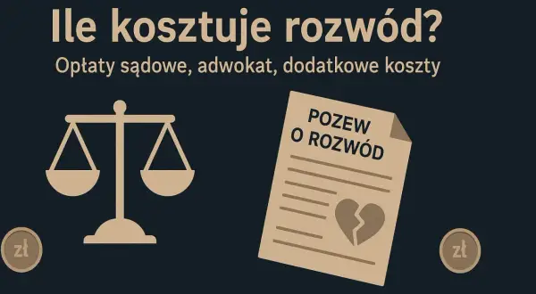 Ile kosztuje adwokat w sprawie rozwodowej? Grafika przedstawia wagę sprawiedliwości, pozew o rozwód z pękniętym sercem i monety zł.
