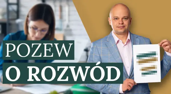 Mężczyzna w garniturze pokazuje dokument, który wyjaśnia, jak wygląda pozew rozwodowy. W tle kobieta pracuje przy biurku.