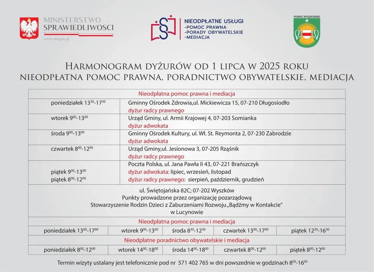 Harmonogram dyżurów od 1 lipca 2025 r. w Wyszkowie. Dowiedz się, jak wziąć adwokata z urzędu, gdzie uzyskać bezpłatną pomoc prawną i mediacje.
