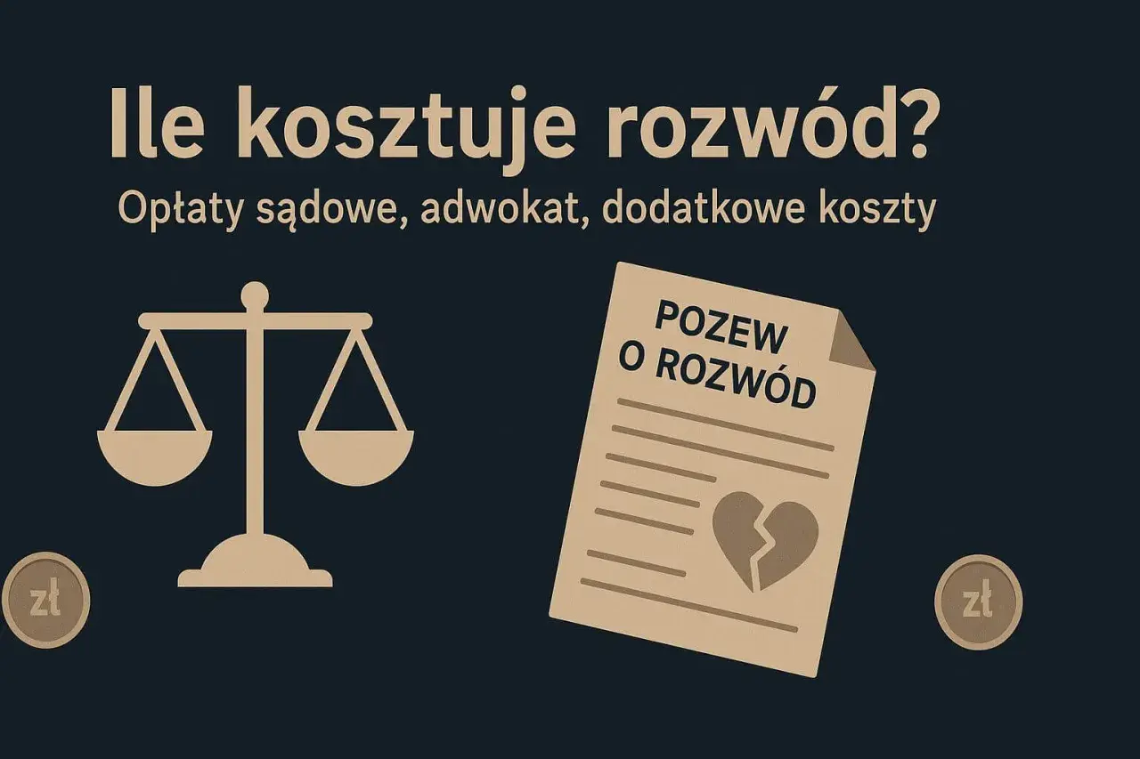 Ile kosztuje adwokat w sprawie rozwodowej? Grafika przedstawia wagę sprawiedliwości, pozew o rozwód z pękniętym sercem i monety zł.