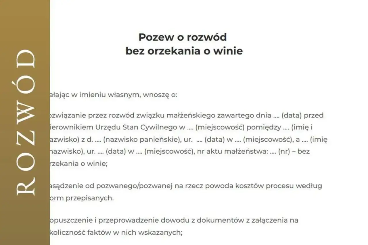 Pozew o rozwód bez orzekania o winie. Dokument zawiera dane małżonków, datę ślubu i prośbę o rozwiązanie małżeństwa.