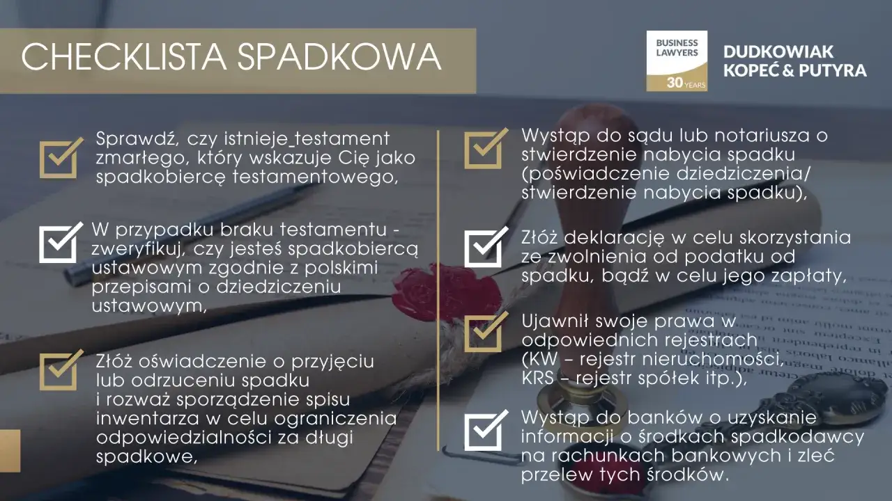 Checklista spadkowa: jak dzieli się spadek. Sprawdź testament, ustal dziedziców, złóż oświadczenie o przyjęciu/odrzuceniu spadku, wystąp o stwierdzenie nabycia spadku.