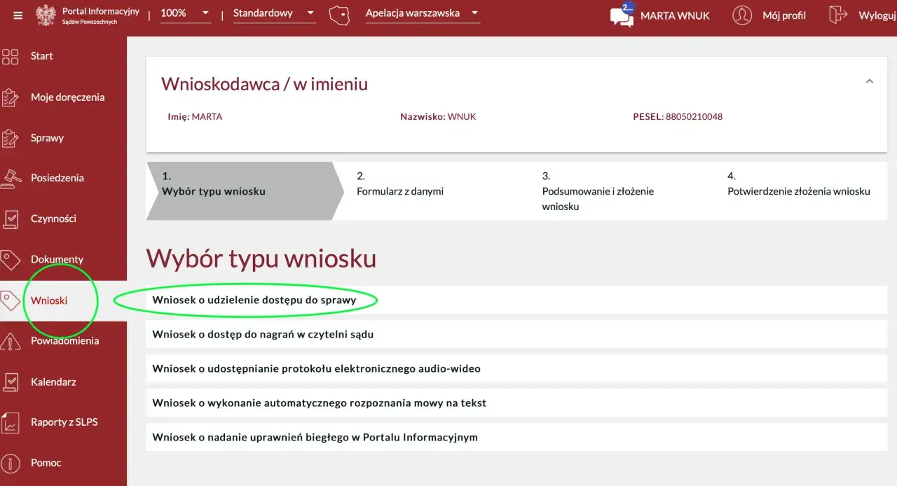 Wybór wniosku o udzielenie dostępu do sprawy. Zastanawiasz się, ile się czeka na odpowiedź z sądu?