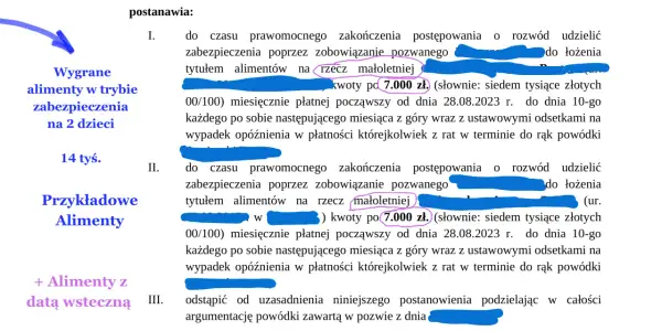 Wygrane alimenty w trybie zabezpieczenia na 2 dzieci, 14 tys. zł miesięcznie. Sprawa o alimenty kosztuje 7.000 zł.
