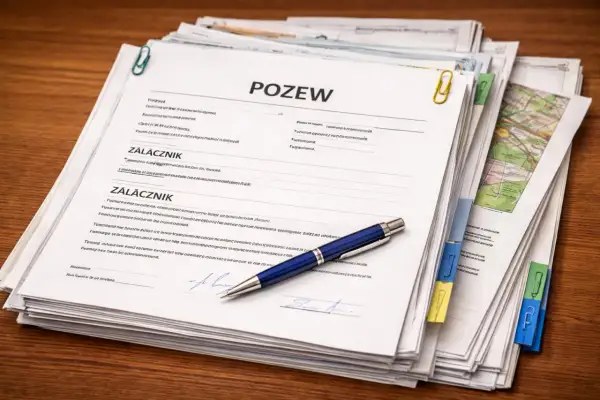 Stos dokumentów z nagłówkiem "POZEW", niebieski długopis i żółty spinacz. Widać fragment mapy.