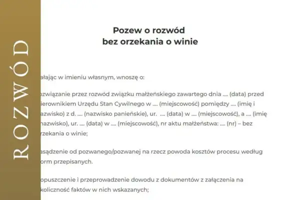 Wzór pozwu o rozwód bez orzekania o winie. Dokument zawiera dane małżonków, datę ślubu i miejsce jego zawarcia.