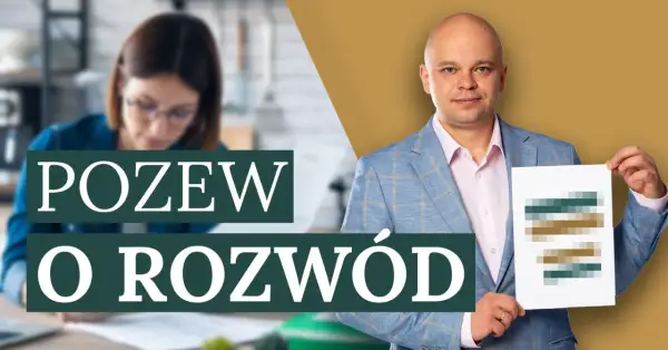 Mężczyzna w garniturze pokazuje dokument, który wyjaśnia, jak wygląda pozew rozwodowy. W tle kobieta pracuje przy biurku.