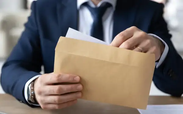 Mężczyzna w garniturze wkłada dokument do brązowej koperty. Czy odpowiedź na apelację doręcza się bezpośrednio pełnomocnikowi?
